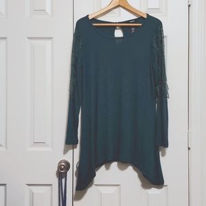 Women's Premise Long Sleeve Tunic Blouse with lace on arms.